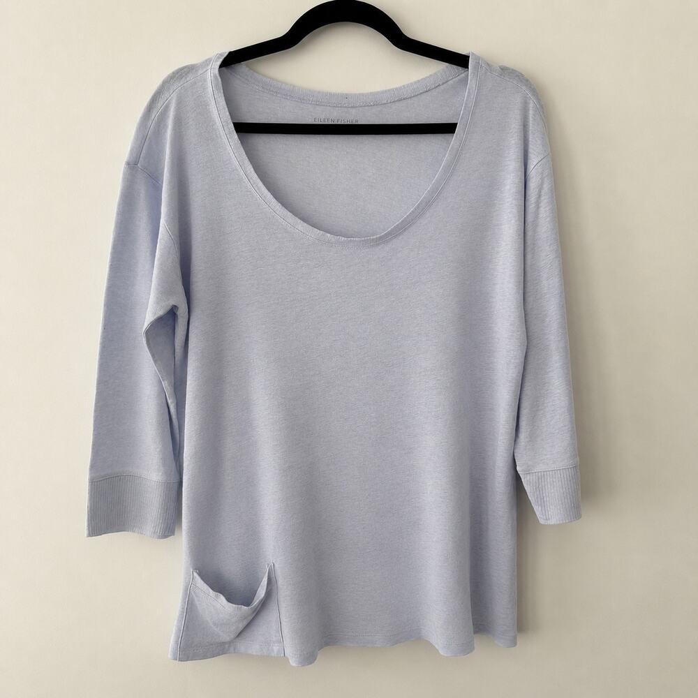 Eileen Fisher Organic Linen Jersey Scoop Neck Top Size M Pale Blue 3/4 Sleeve